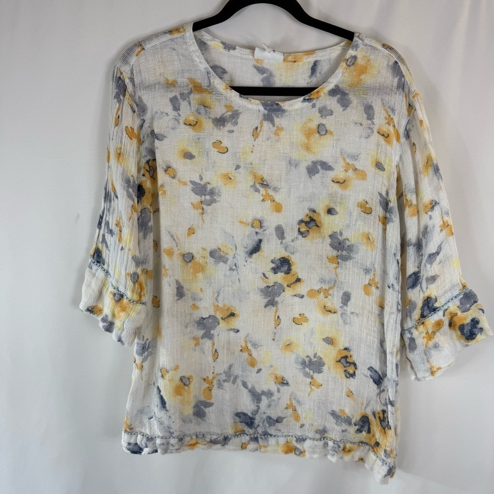 Pure Jill linen Sz:S Tall Women's Floral Blouse in Yellow and Gray 100% linen